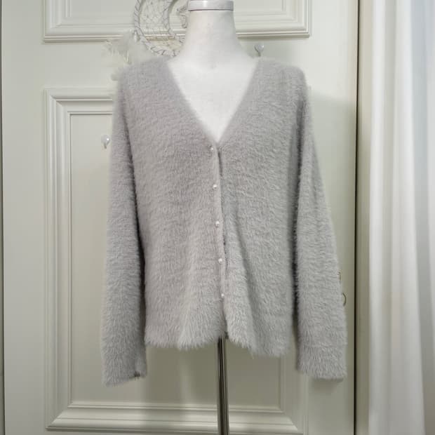 sheer gray shaggy pearl button cardigan