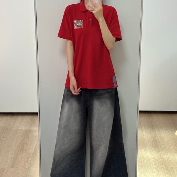 폴로 랄프로렌 USA 성조기 자수로고 레드 카라 반팔 티셔츠