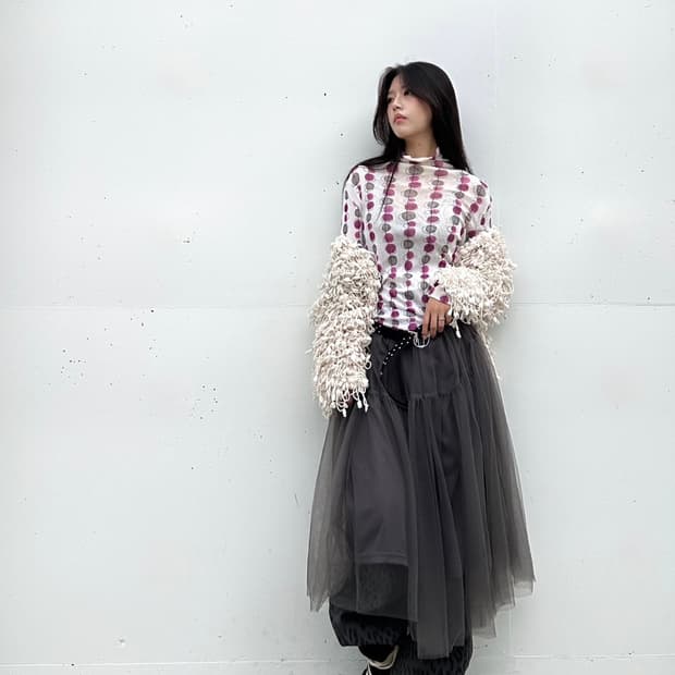Pompom warm open cardigan / ivory