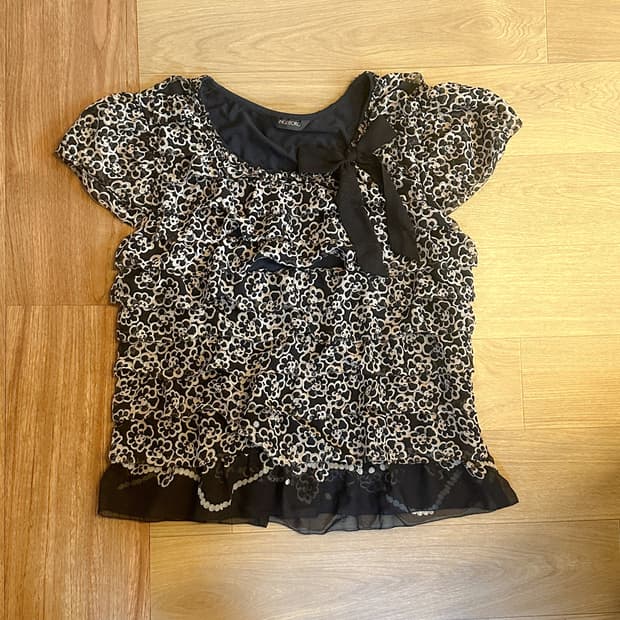 빈티지 오네갸루 호피 리본 러플 반팔 티셔츠 히메갸루 고딕 긱시크 로걀