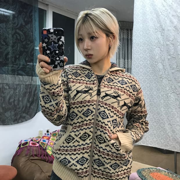 빈티지 여성 에스닉 니트 후드집업 