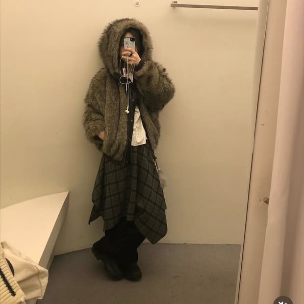 샌드릭 레이어드 체크 미디 스커트 퍼플 m사이즈