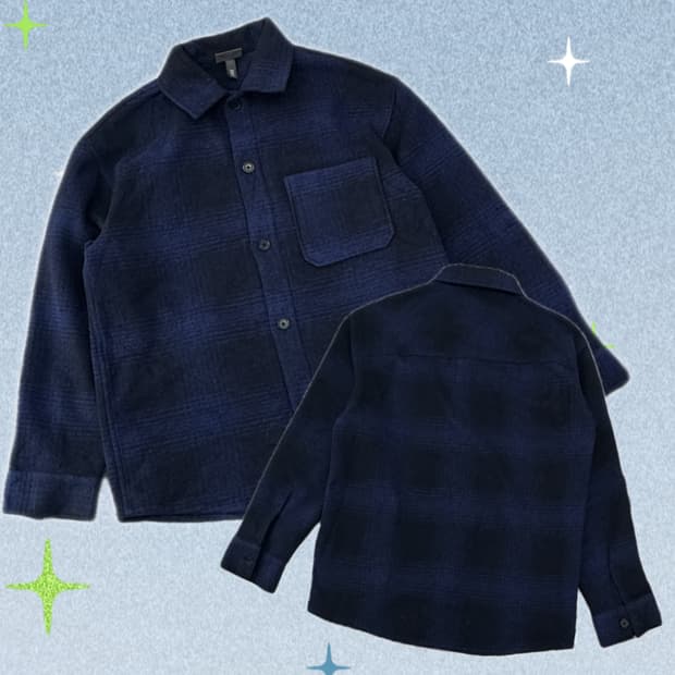 재팬 H&M 블루 깅엄 체크 모직 오버핏 레귤러핏 셔츠 아메카지 스트릿 