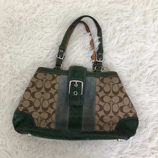 코치 버클 핸들 그린 로고 패턴 빈티지 호보백