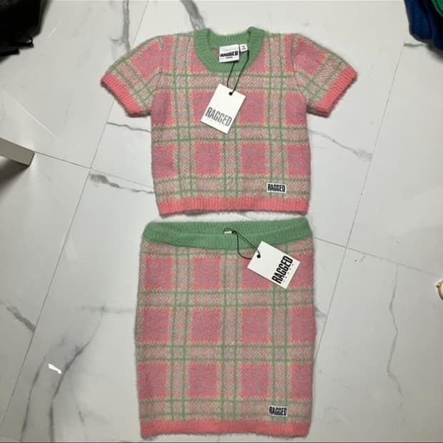 ragged priest 핑크 체크 셋업 하이틴 스웨터 스커트 세트 셋업