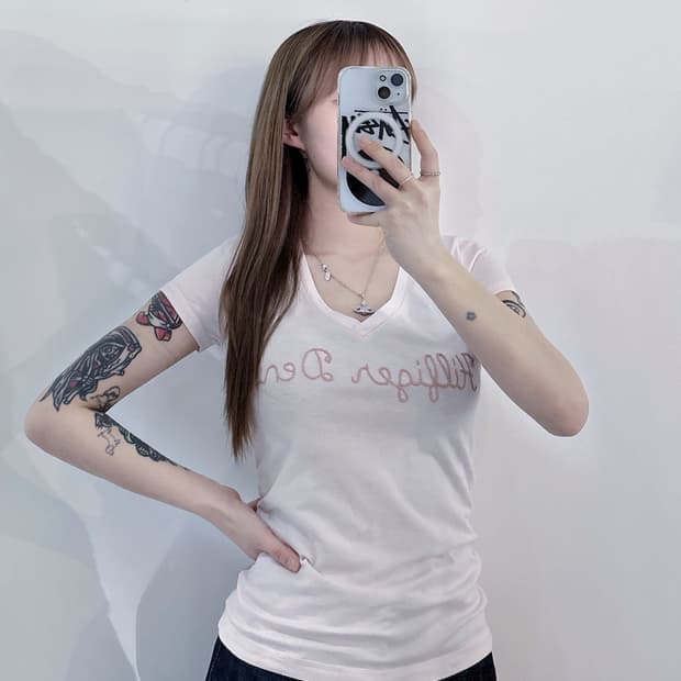 타미힐피거 빅로고 베이비핑크 딱붙 반팔