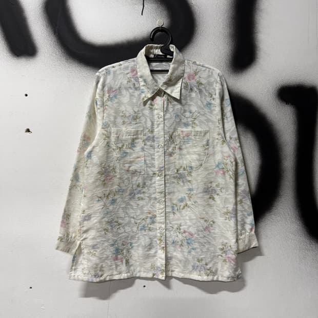 VTG 빈티지 오간자 시스루 봄 페어리 플라워 패턴 긴팔 셔츠