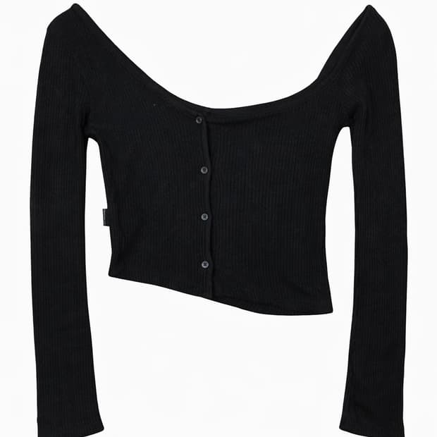 쓰리타임즈 One-Shoulder Button Ribbed Top