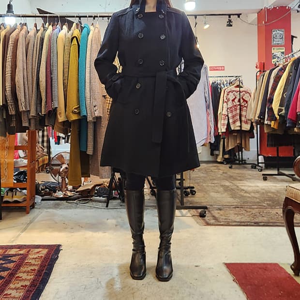 Laura pue 캐시미어 95%  울 더블 버튼 벨트 블랙 코트