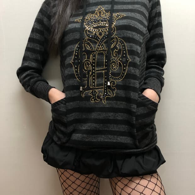 빈티지 블랙 펑크 스트라이프 후디