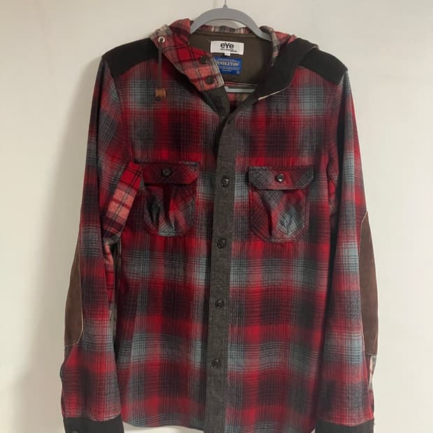 준야와타나베 x 펜들턴 울 체크 가죽패치 후드셔츠