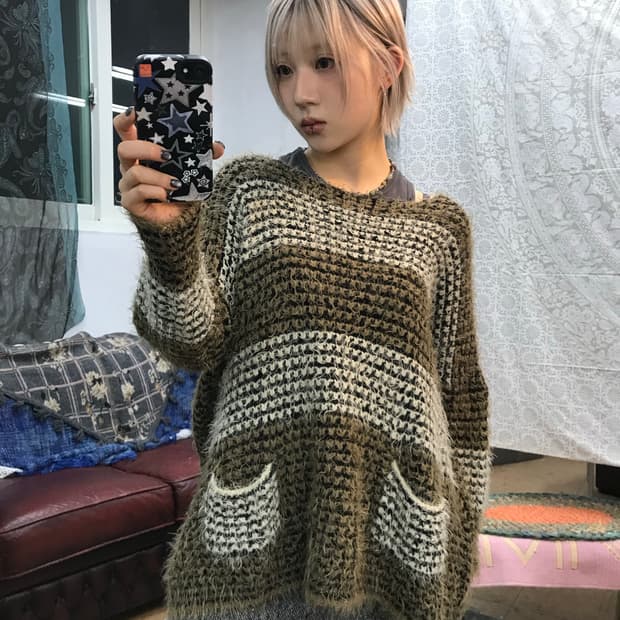 빈티지 여성 스트라이프 포켓7부 라운드 니트 