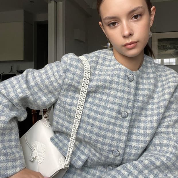 해리스트위드 프론트로우 체크 트위드 크롭 자켓 S