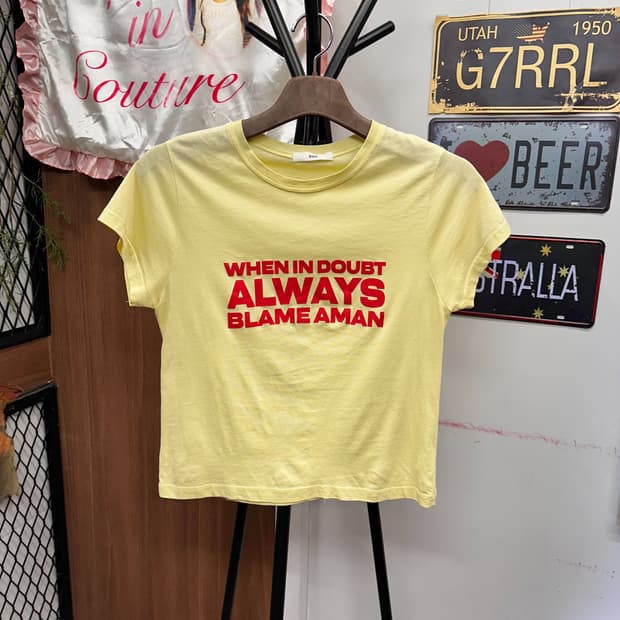 Lettering Yellow Semi Crop T Shirt