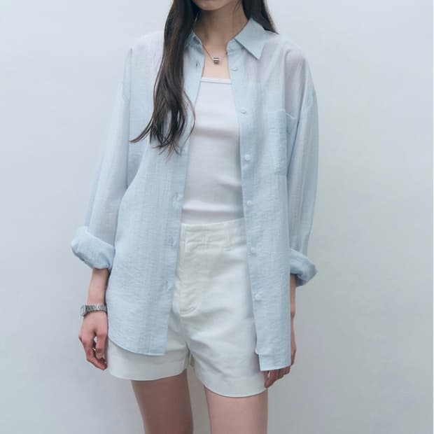 (새상품)몽돌 텐셀 시스루 루즈핏 셔츠 스카이블루