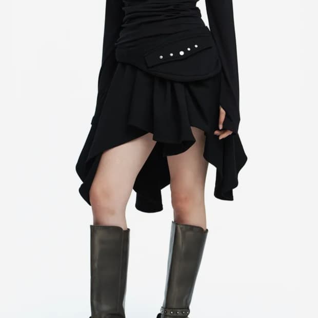 러프넥 벨티드 포켓 드레이프 스커트 블랙