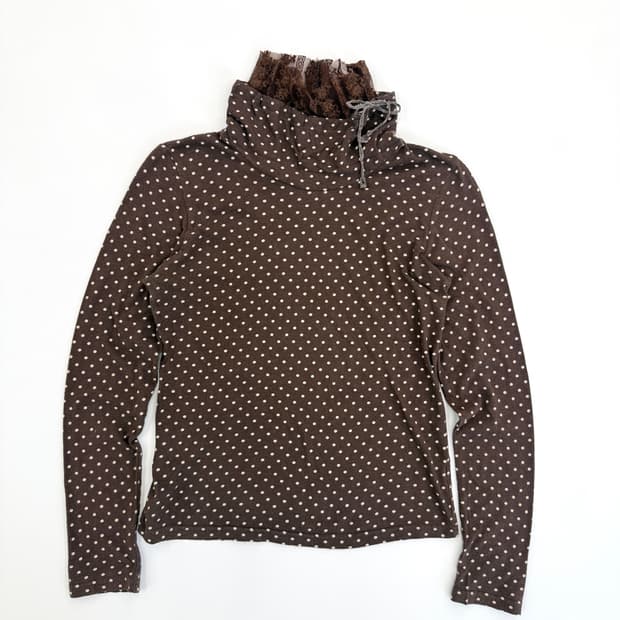 빈티지 Olive des Olive 브라운 도트 레이스 레이어드티