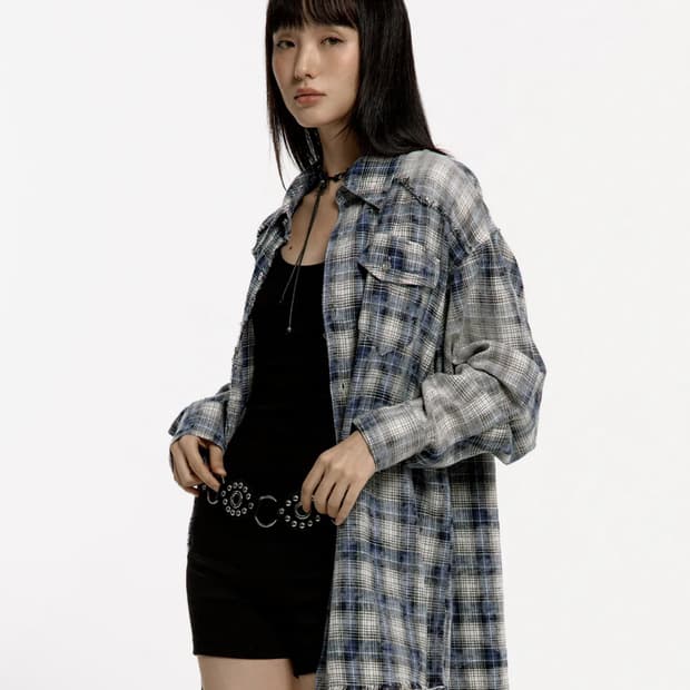 러프넥 워싱 체크 셔츠 블루