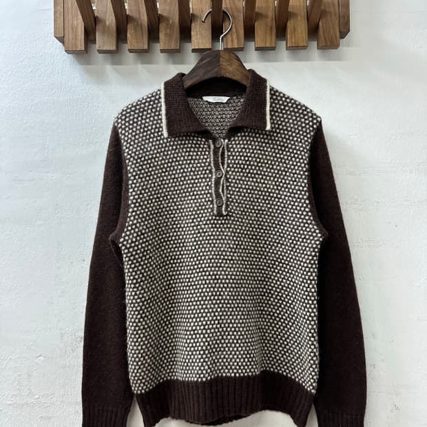 일본빈티지 브라운 투톤 잔도트 디테일 버튼업 카라 니트 풀오버