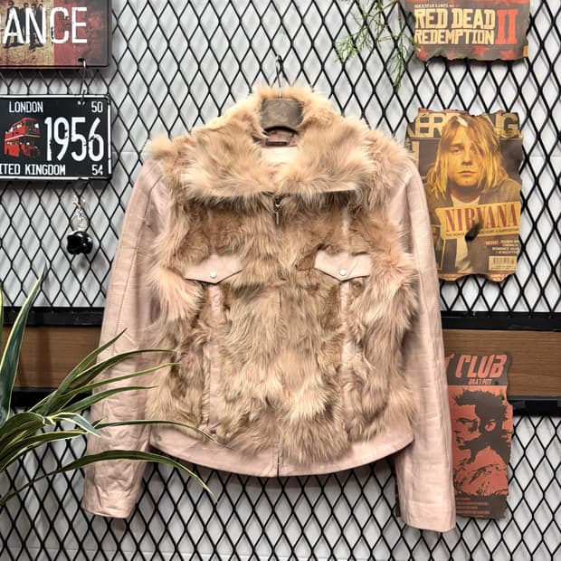 INVIVO 빈티지 폭스퍼 양가죽 레더자켓 전면 투포켓 디테일 핑크