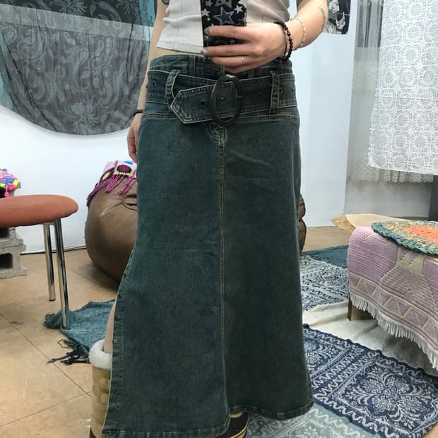 빈티지 여성 벨티드 데님 스커트 