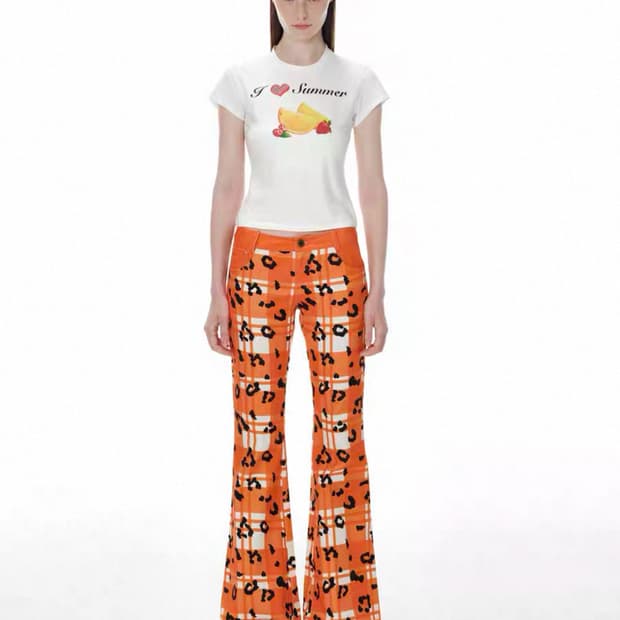 오렌지 체크 레오파드 패턴 팬츠 