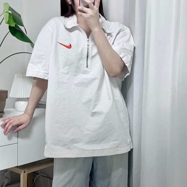 나이키 화이트 면 자켓소재 반팔 하프집업 [ XXL ]