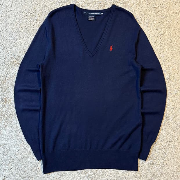 폴로 스포츠 브이넥 레드포니 코튼 니트 네이비