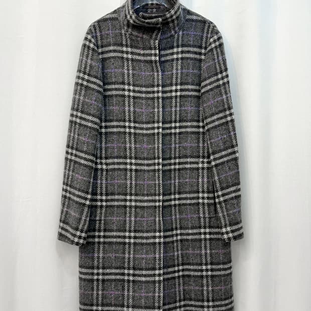 버버리 울 100% 그레이 노바체크 하이넥 롱 코트