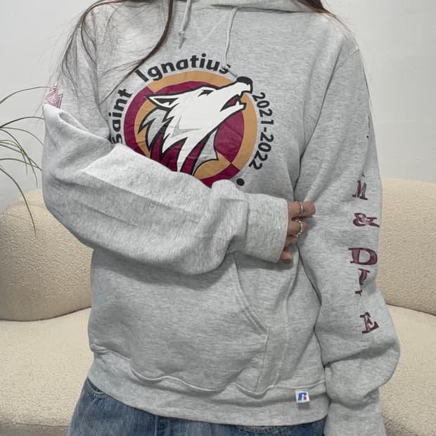 90s RUSSELL 그레이 그래픽 후드티