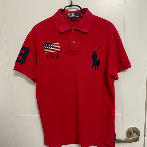 폴로 빈티지 빅포니 미국 국기 패치 커스텀핏 피케 셔츠 레드