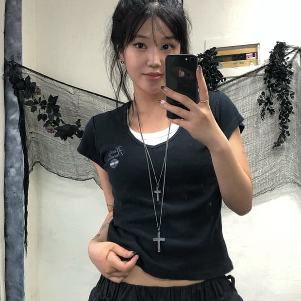 할리데이비슨 블랙 크롭 반팔 탑