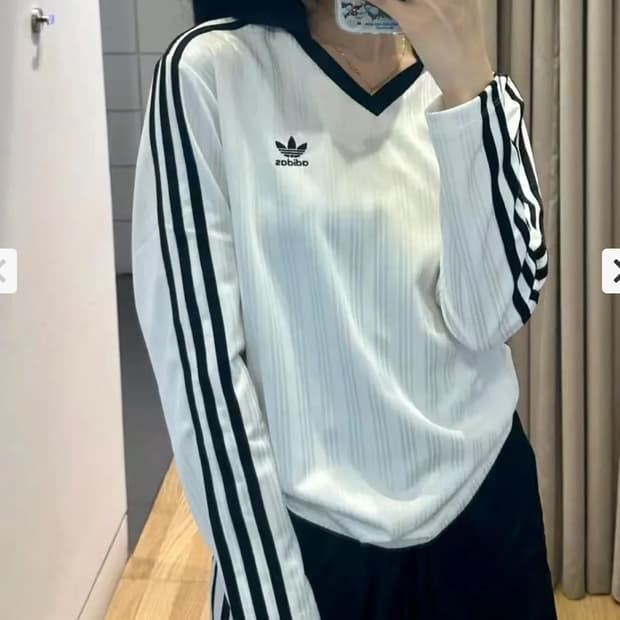 아디다스 아디컬러 3S 자카드 브이넥 풋볼 폴로 긴팔 티셔츠 화이트 