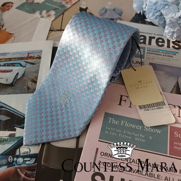 카운테스 마라 실크 스카이블루 패턴 넥타이 8.7cm 새제품 A19118