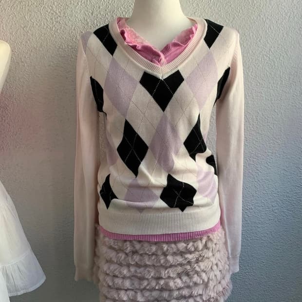 핑크 아가일 빈티지 니트