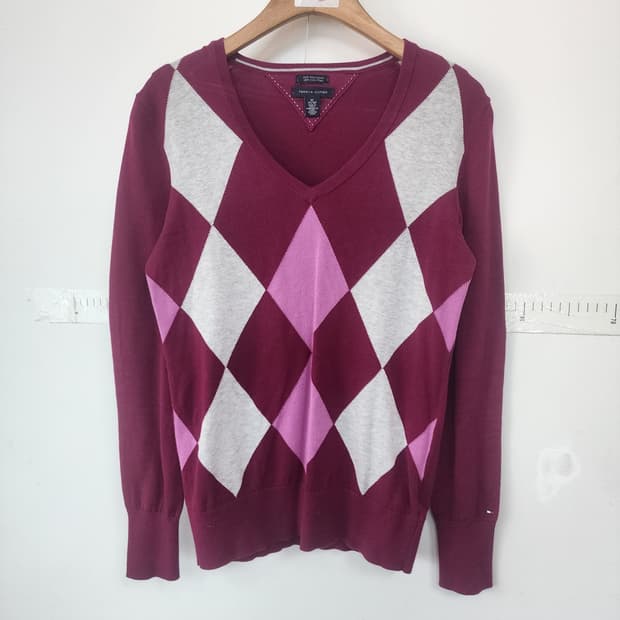 타미힐피거 아가일 니트 버건디 핑크