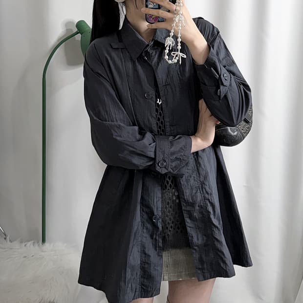 블루 그레이 넥버클 바람막이 코트 자켓