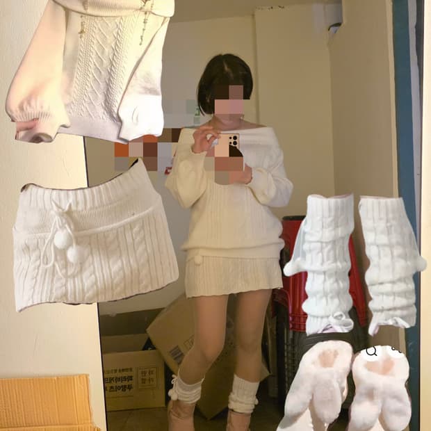 사와코깔 달천깔 화이트 니트 폼폼 코디 세트