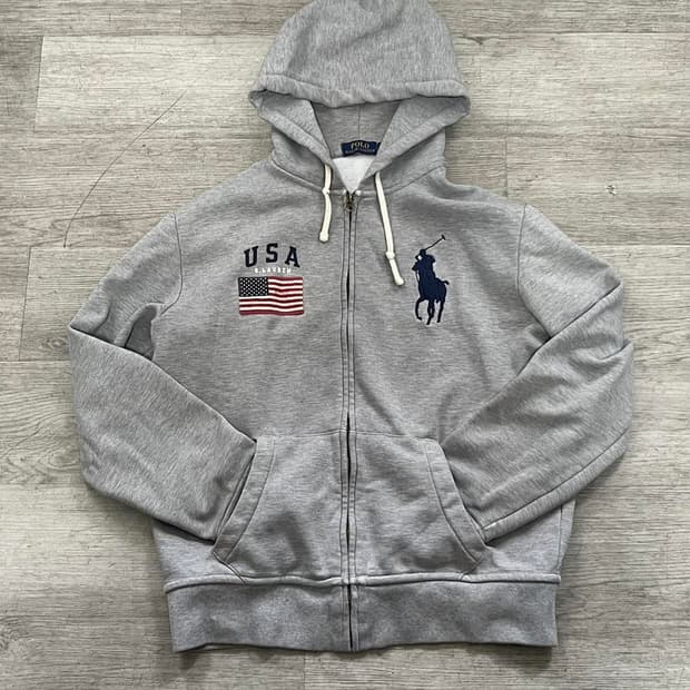 폴로 랄프로렌 빅포니 USA 성조기 패치 기모 후드 집업 그레이