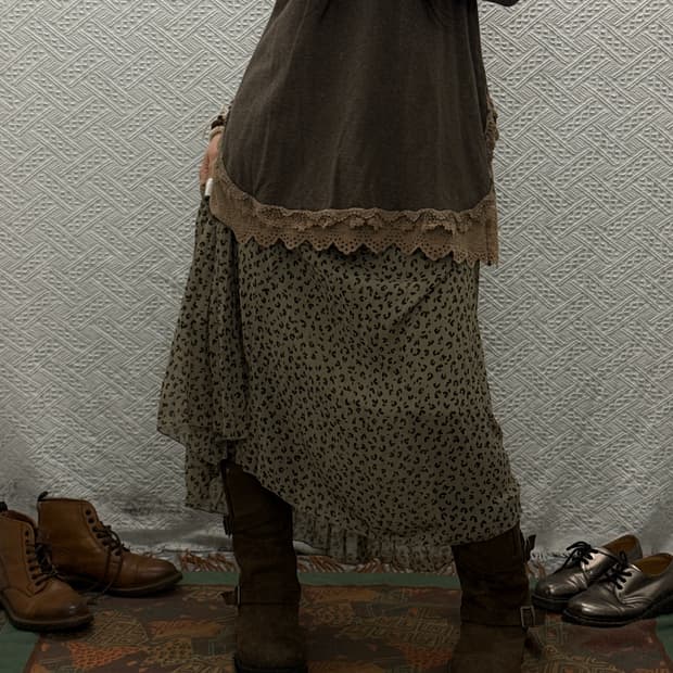 빈티지 Y2K 갸루 모리 레오파드 호피 시어 롱스커트 K0105