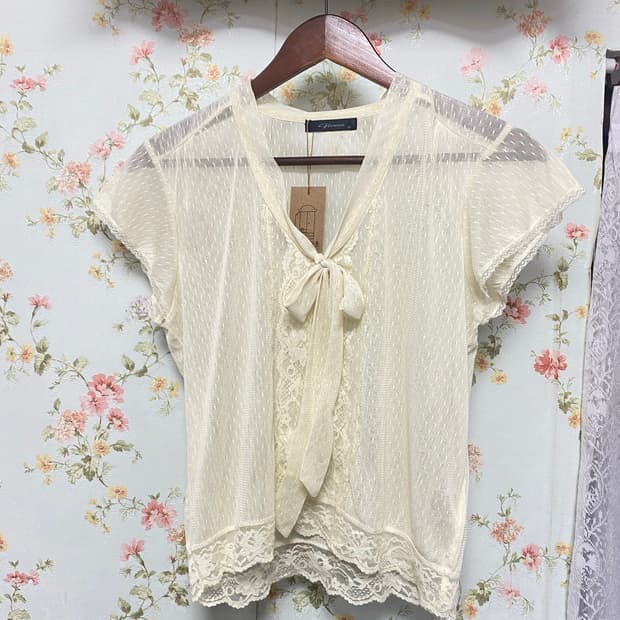 스판 레이스 시스루  리본타이 반팔