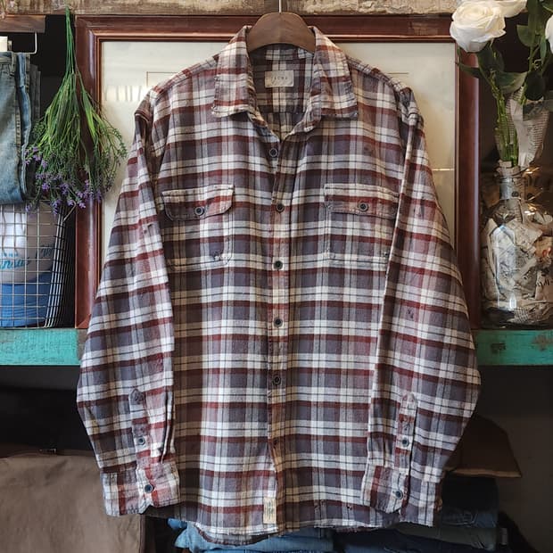 90s 빈티지 체크셔츠 헤비 플란넬 워크셔츠 썬페이딩 브라운 xl
