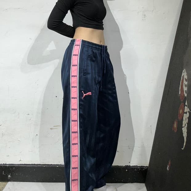 푸마 네이비 핑크 사이드 라인 와이드 팬츠 S