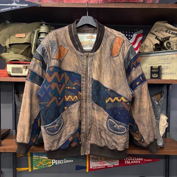 90s 하이웨이 레더 에스닉 패턴 케이블 패치 소가죽 봄버자켓 N583