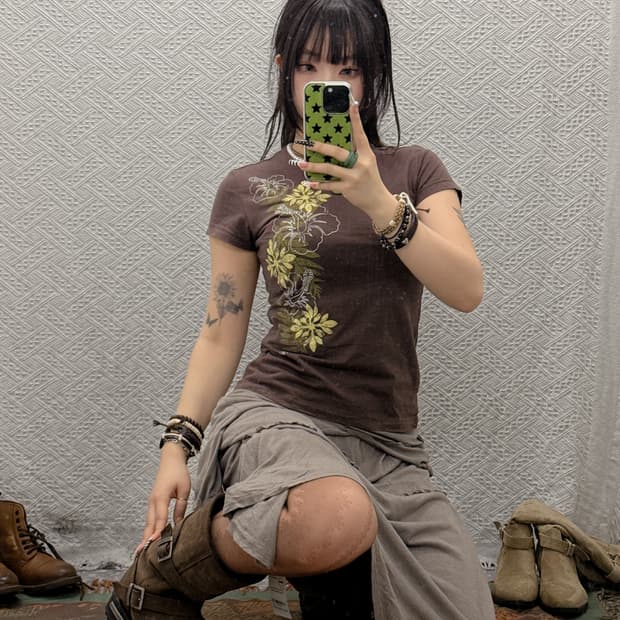 빈티지 보헤미안 오리엔탈 히피 플라워 딱붙핏 반팔티 K0005