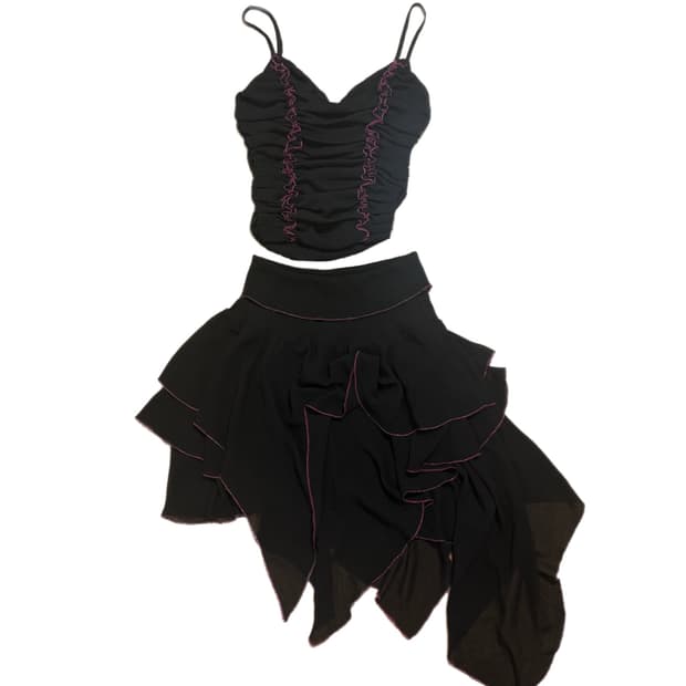 빈티지 세트 셔링 탑 & 폴드 오버 웨이스트 프릴 비대칭 스커트 