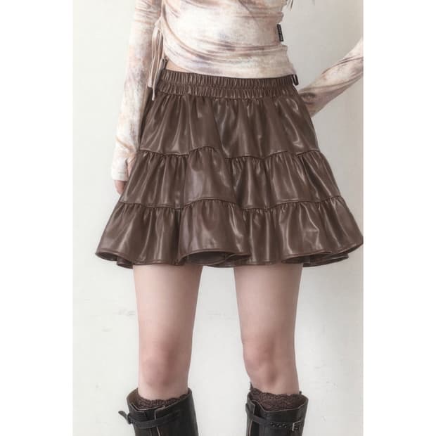 Brown Faux Leather Tiered Mini Skirt