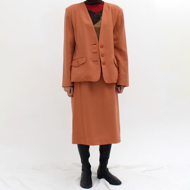 일본 빈티지 써머 울 오렌지 노카라 자켓 미디 스커트 세트 셋업