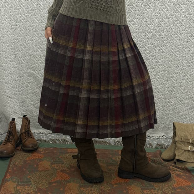 빈티지 코지 모리 하구미룩 믹스체크 플리츠 롱스커트 K0097