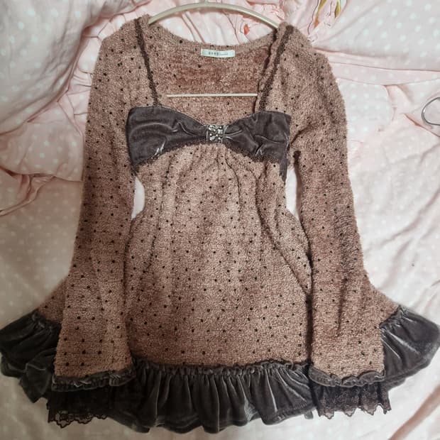 엑시즈팜 라떼갸루 초코맛 리본 니트 로걀탑 도트탑 갸루 리즈리사 트랄라라